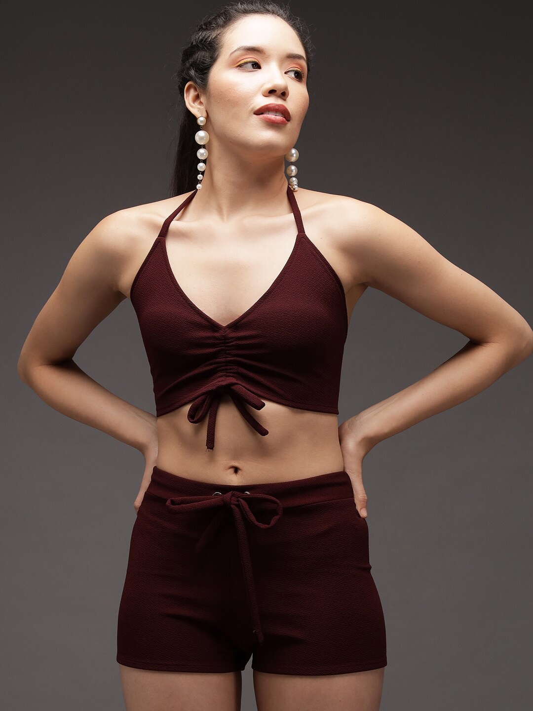 

Darzi Ruched Halter Neck Crop Top With Shorts, Maroon