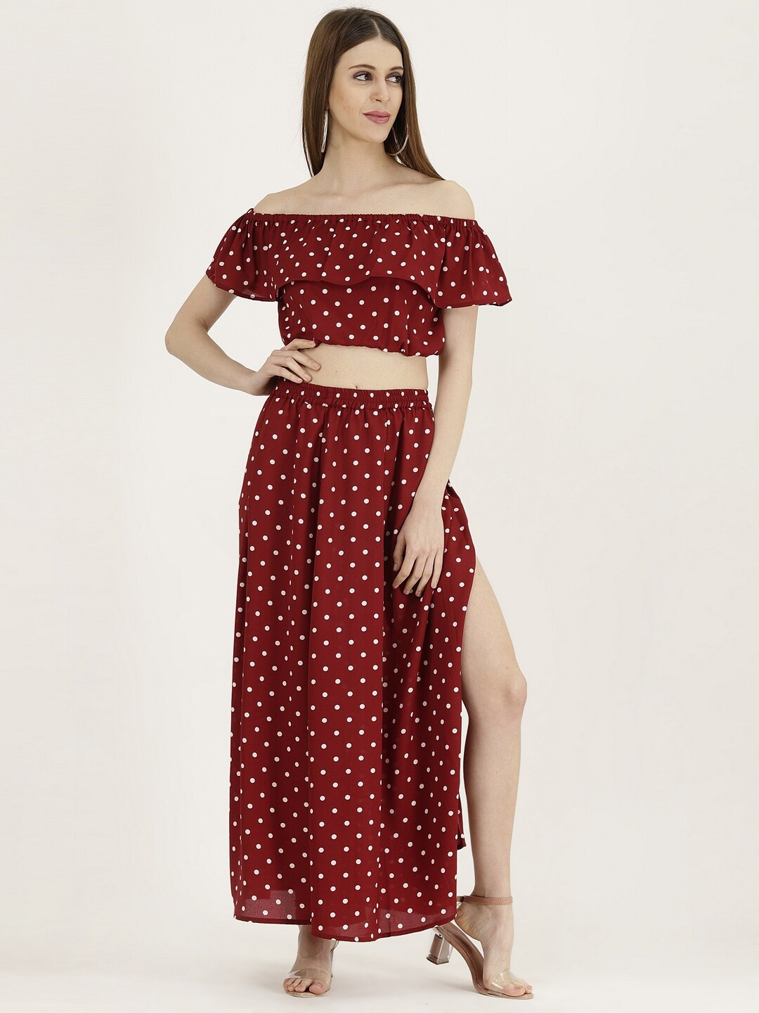 

Darzi Polka Dot Printed Off-Shoulder Crop Top & Skirt, Maroon