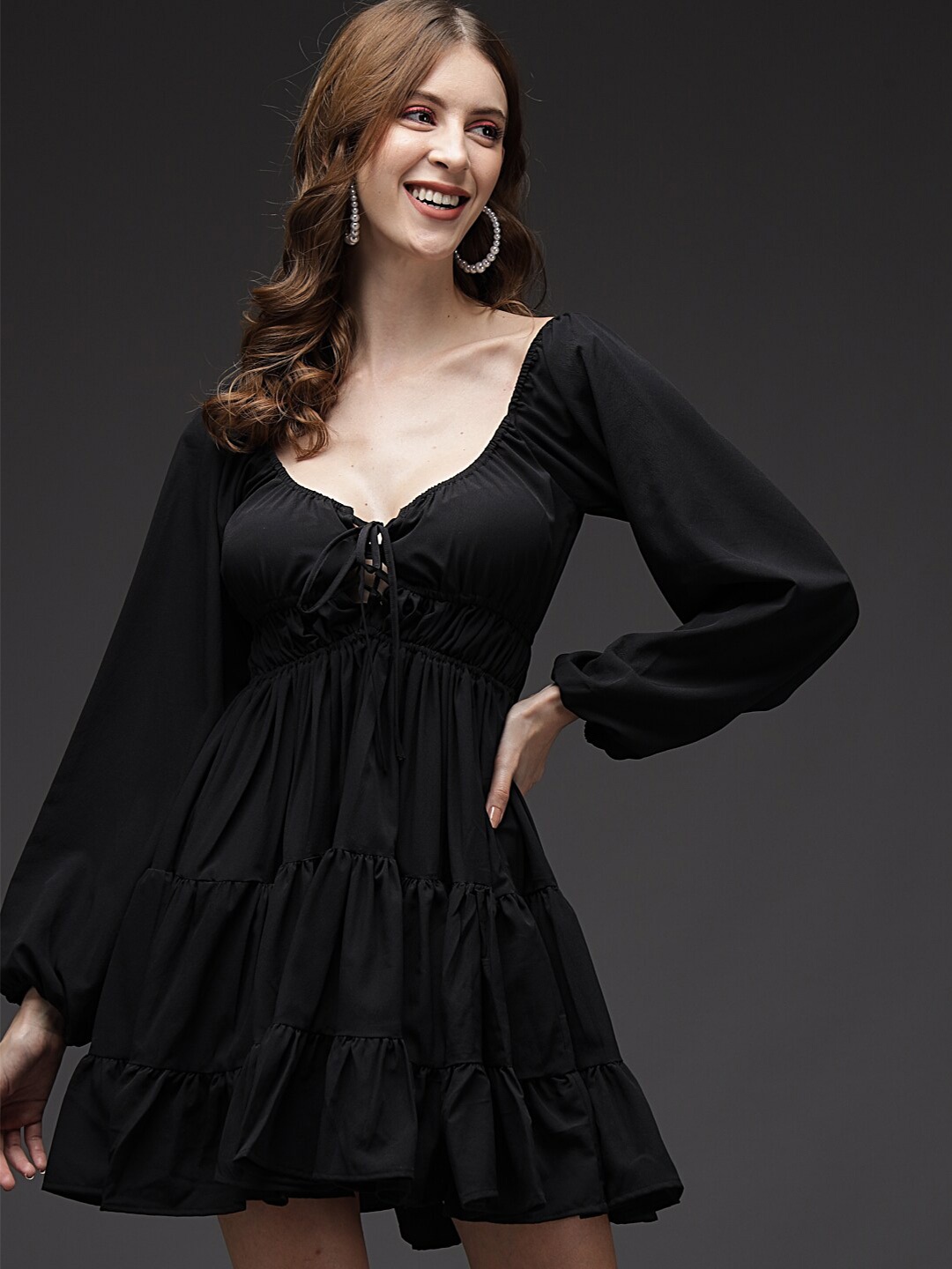 

Darzi Puff Sleeve A-Line Mini Georgette Dress, Black