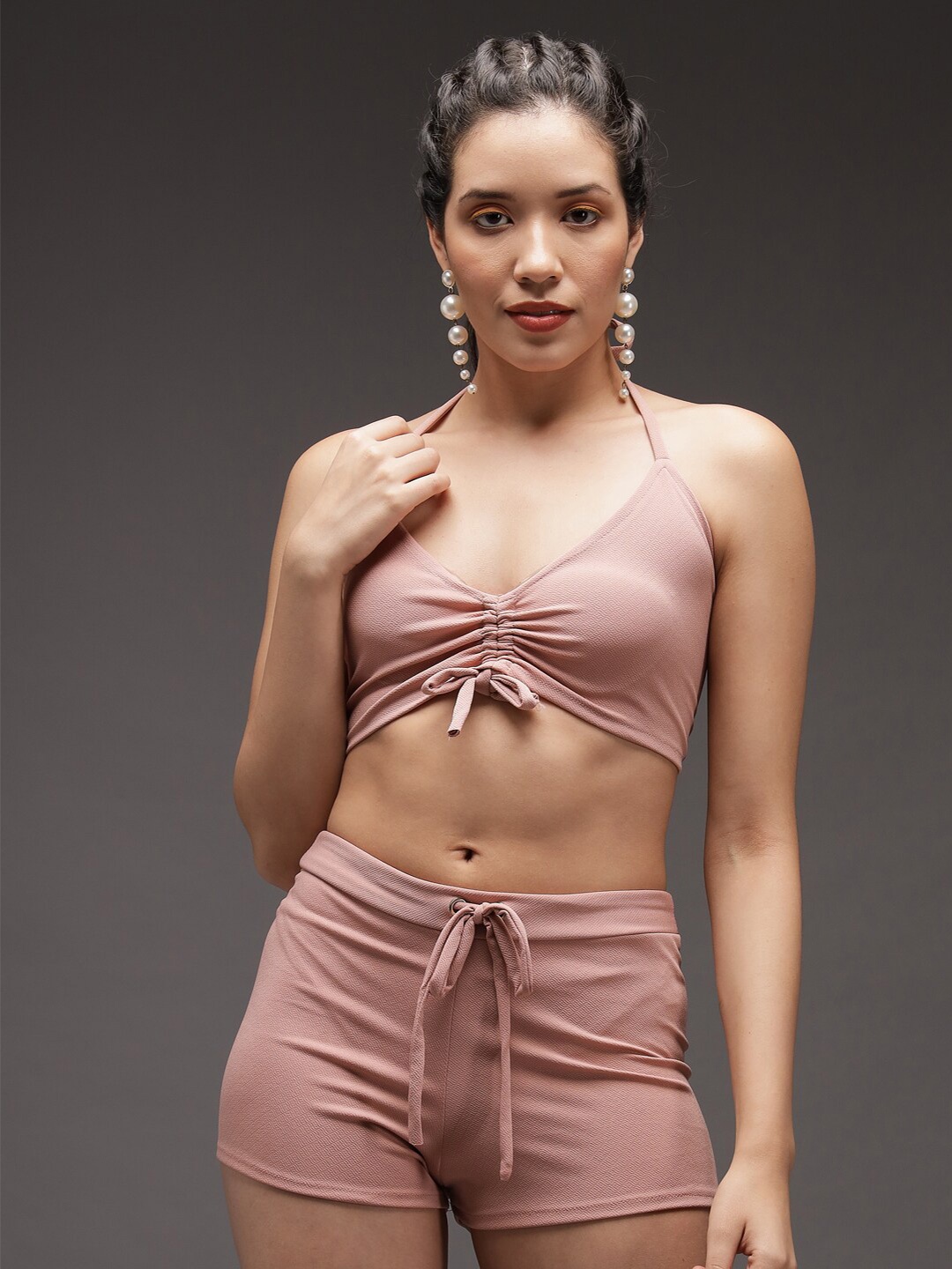 

Darzi Halter Neck Tie-Ups Top & Shorts Co-Ords, Pink