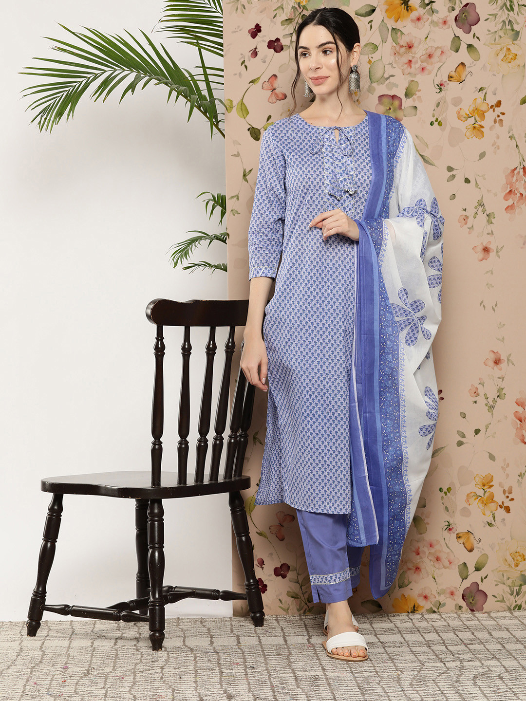 

Yufta Ethnic Motifs Printed Gotta Patti Pure Cotton Kurta With Trousers & With Dupatta, Blue