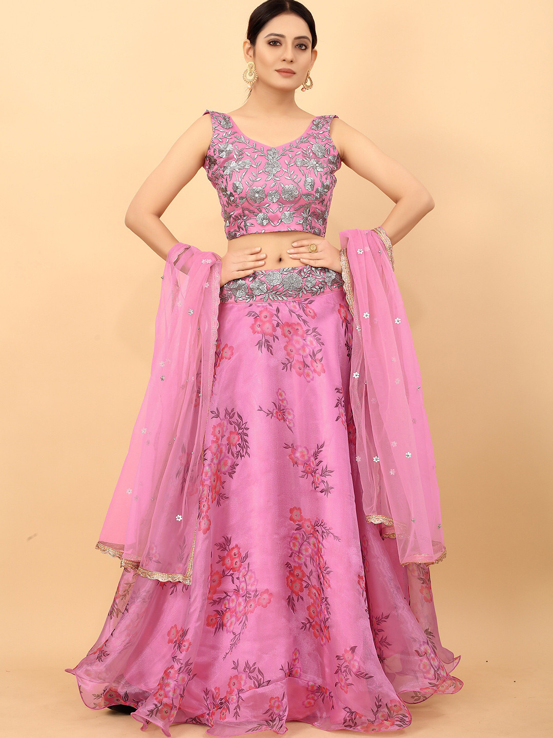 

Ethnic Yard Embroidered Semi-Stitched Lehenga & Unstitched Blouse With Dupatta, Pink