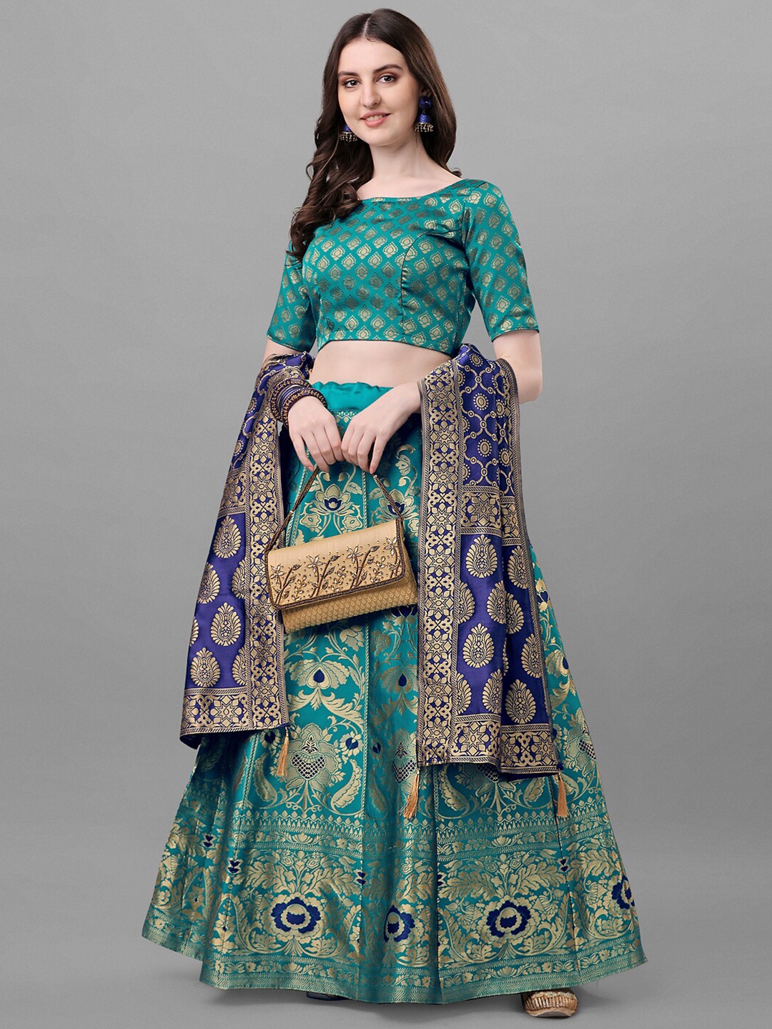 

Ethnic Yard Semi-Stitched Lehenga & Unstitched Blouse With Dupatta, Turquoise blue