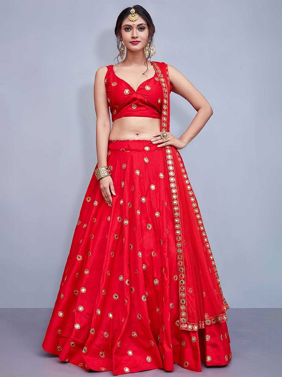 

Ethnic Yard Embroidered Mirror Work Semi-Stitched Lehenga & Unstitched Blouse With Dupatta, Red