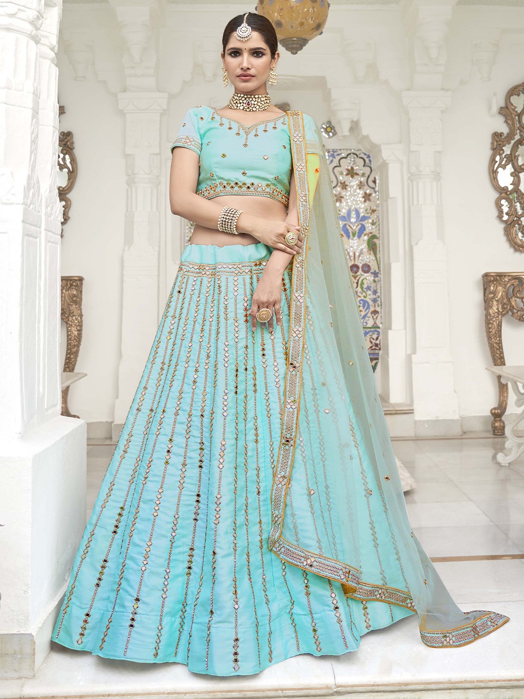 

Ethnic Yard Embroidered Semi-Stitched Lehenga & Unstitched Blouse With Dupatta, Blue