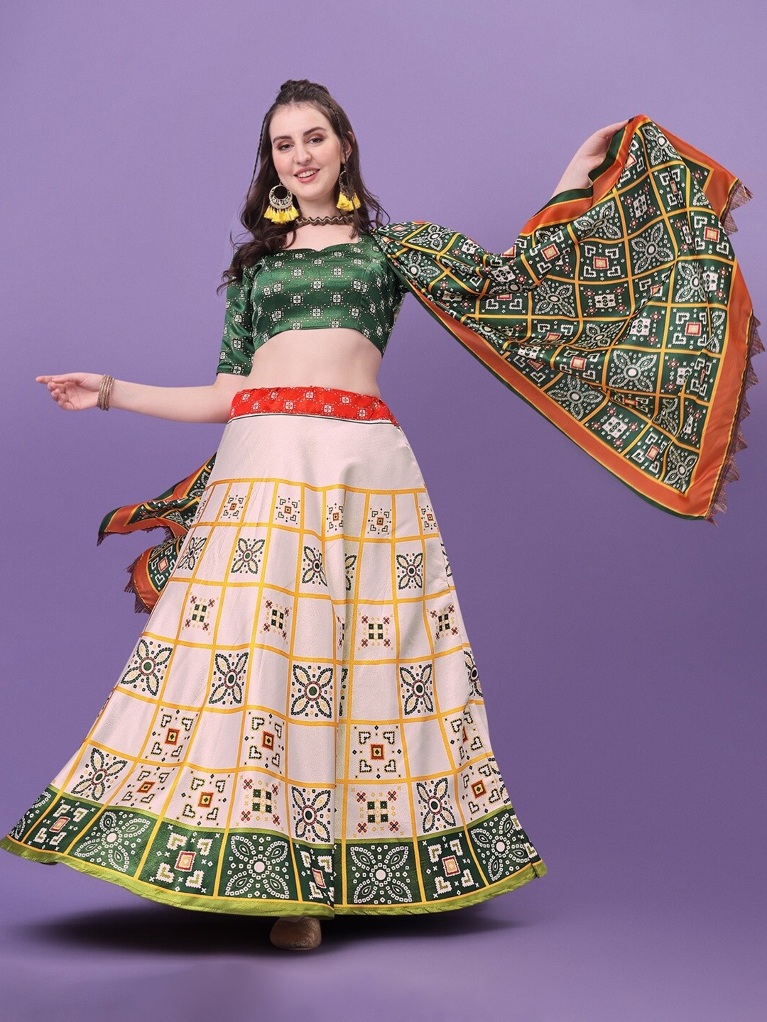 

Ethnic Yard Ethnic Printed Semi-Stitched Lehenga & Unstitched Blouse With Dupatta, White