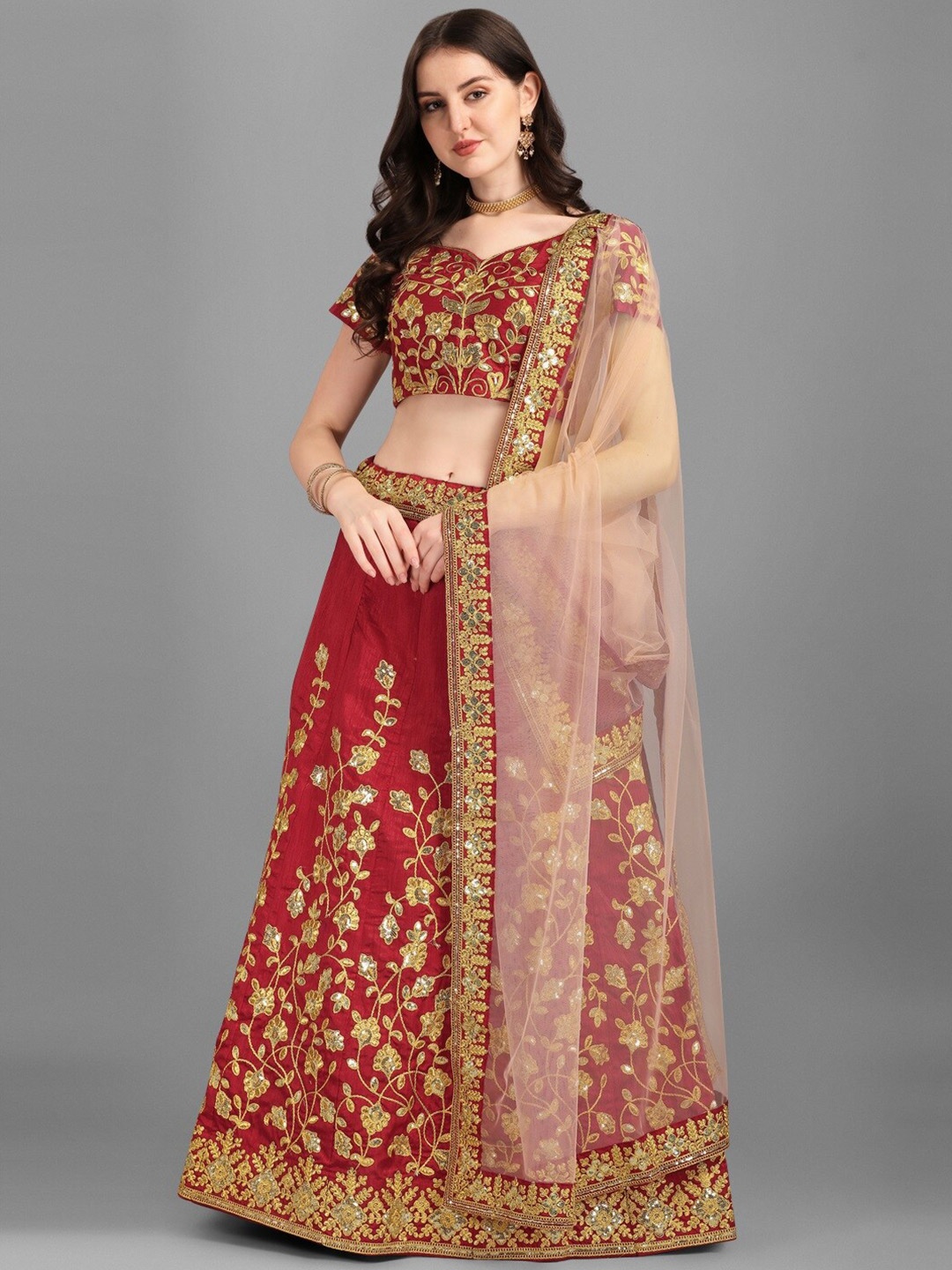 

Ethnic Yard Embroidered Sequinned Semi-Stitched Lehenga Choli With Dupatta, Maroon