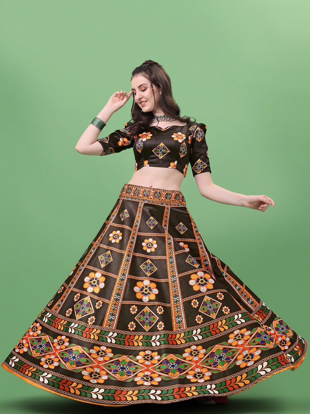 

Ethnic Yard Black & Green Embroidered Semi-Stitched Lehenga & Unstitched Blouse With Dupatta