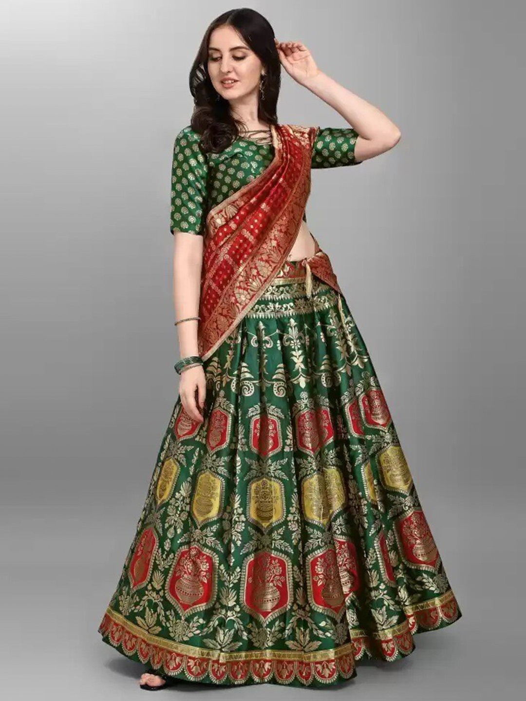 

Ethnic Yard Woven Design Semi-Stitched Lehenga Choli With Dupatta, Green