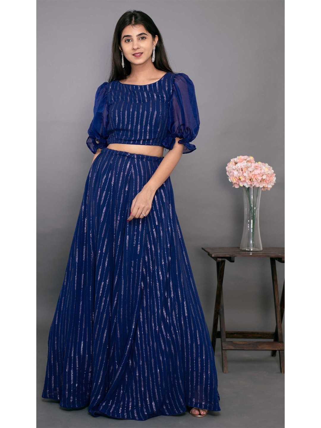 

Ethnic Yard Embellished Semi-Stitched Unstitched Lehenga Set, Blue