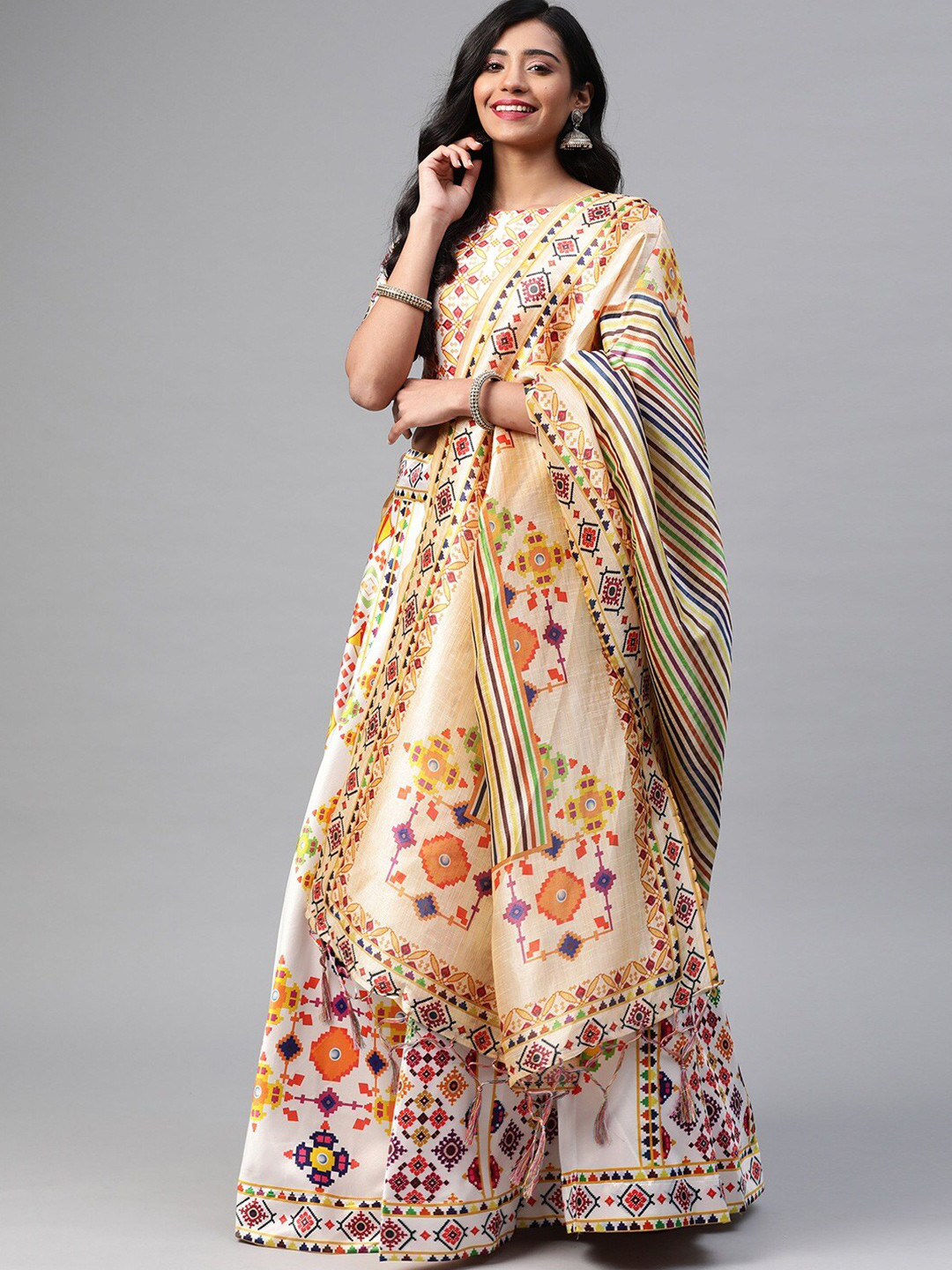 

Ethnic Yard Printed Semi-Stitched Lehenga & Unstitched Blouse With Dupatta, White