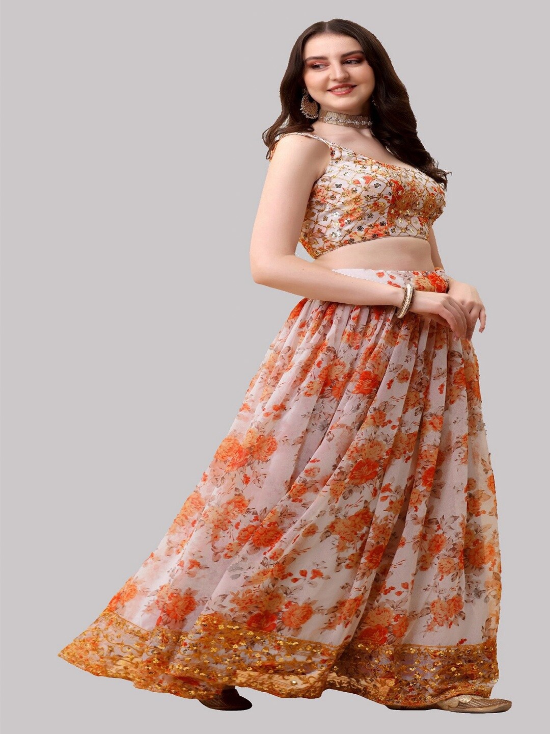 

Ethnic Yard Printed Semi-Stitched Lehenga & Unstitched Blouse With Dupatta, White