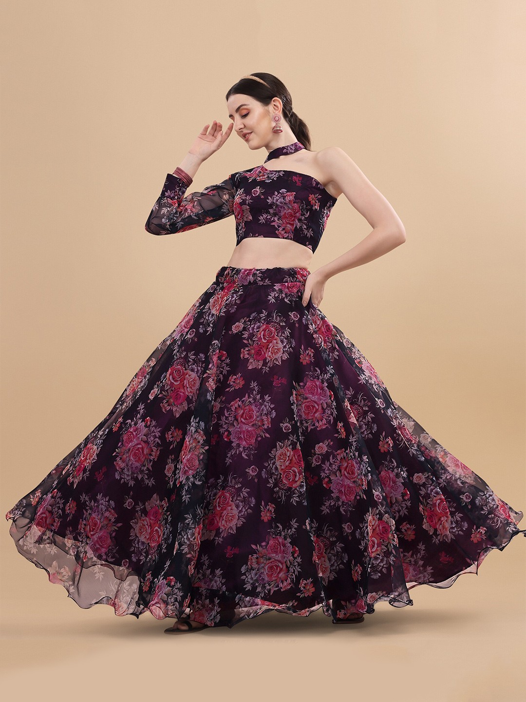 

Ethnic Yard Printed Semi-Stitched Lehenga & Unstitched Set, Black