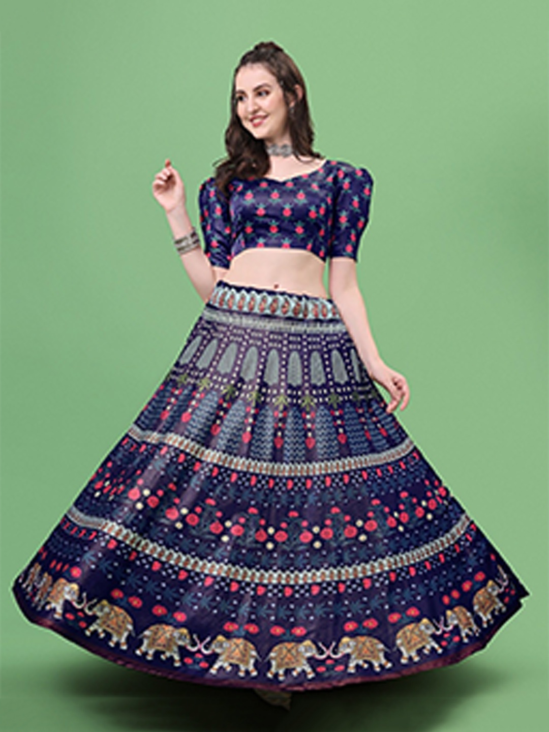 

Ethnic Yard Printed Semi-Stitched Lehenga & Unstitched Blouse With Dupatta, Blue