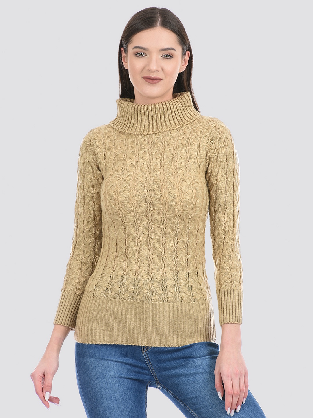 

Cloak & Decker by Monte Carlo Women Turtle Neck Cable Knit Acrylic Pullover, Beige