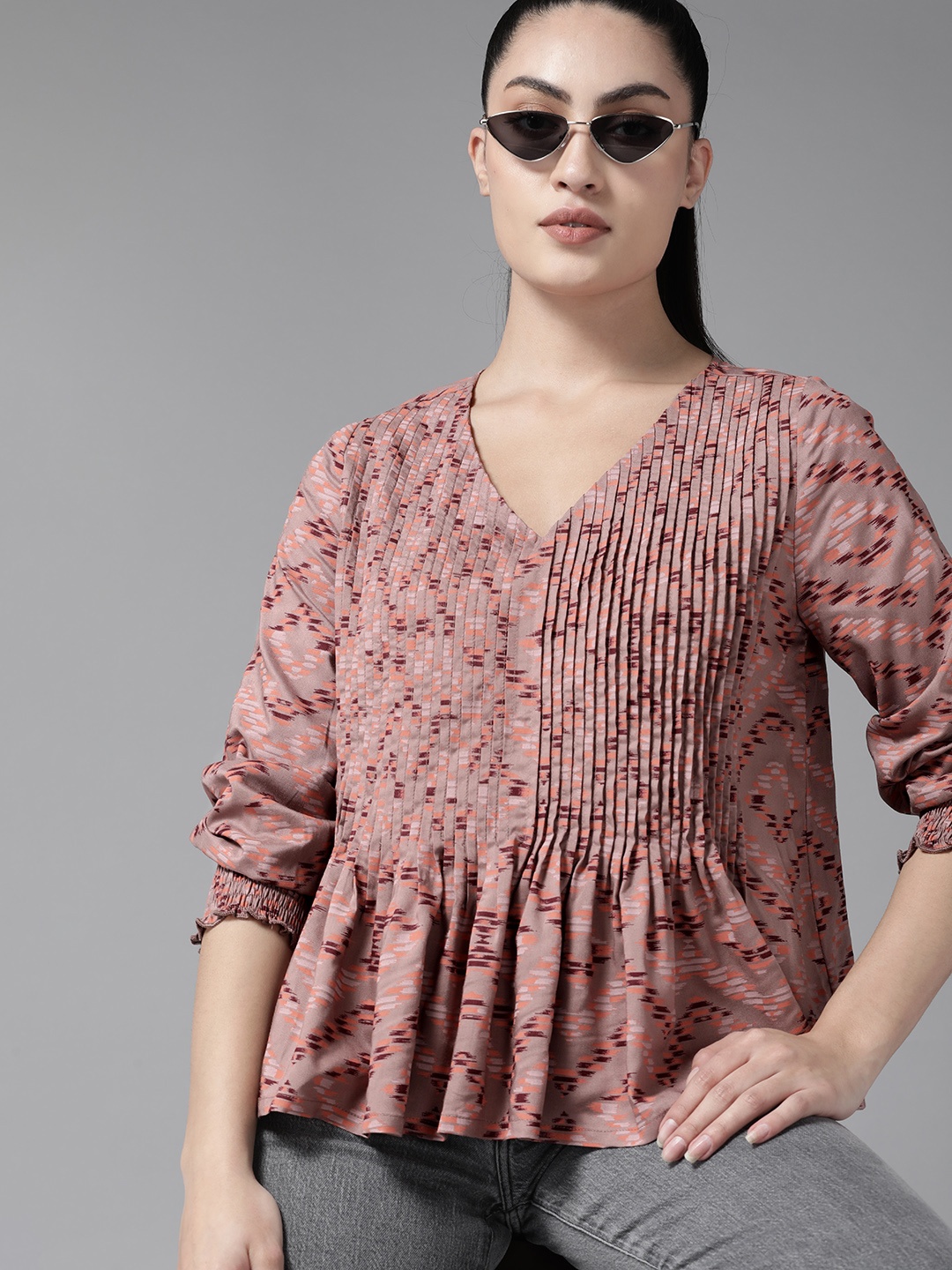 

Roadster Abstract Printed Pleated A-Line Top, Pink
