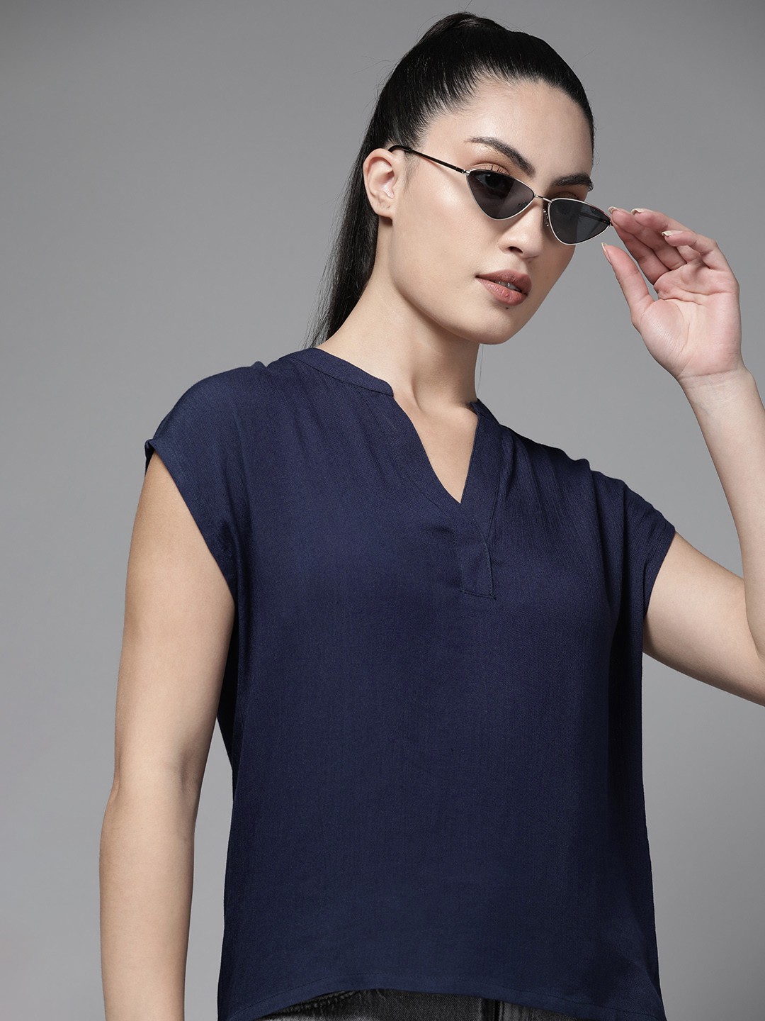 

Roadster V-Neck Cap Sleeves Regular Top, Navy blue