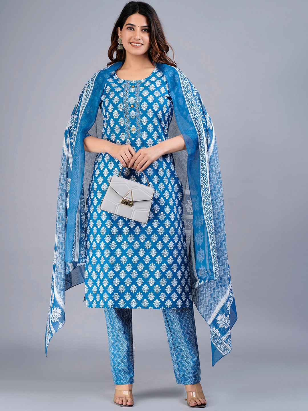 

JAIPURI COLLECTION Printed Mirror Work Pure Cotton Kurta with Trousers & Dupatta, Blue