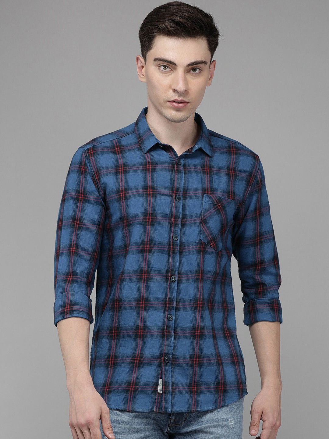 

Voi Jeans Men Blue Slim Fit Tartan Checks Checked Casual Shirt