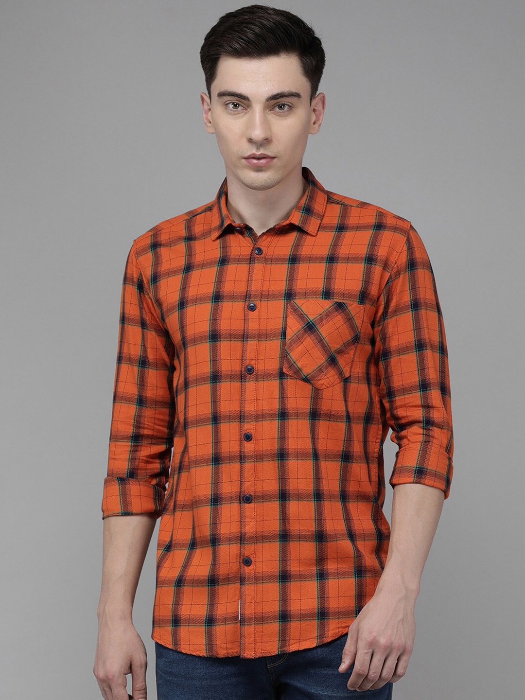 

Voi Jeans Men Slim Fit Tartan Checked Casual Pure Cotton Shirts, Coral