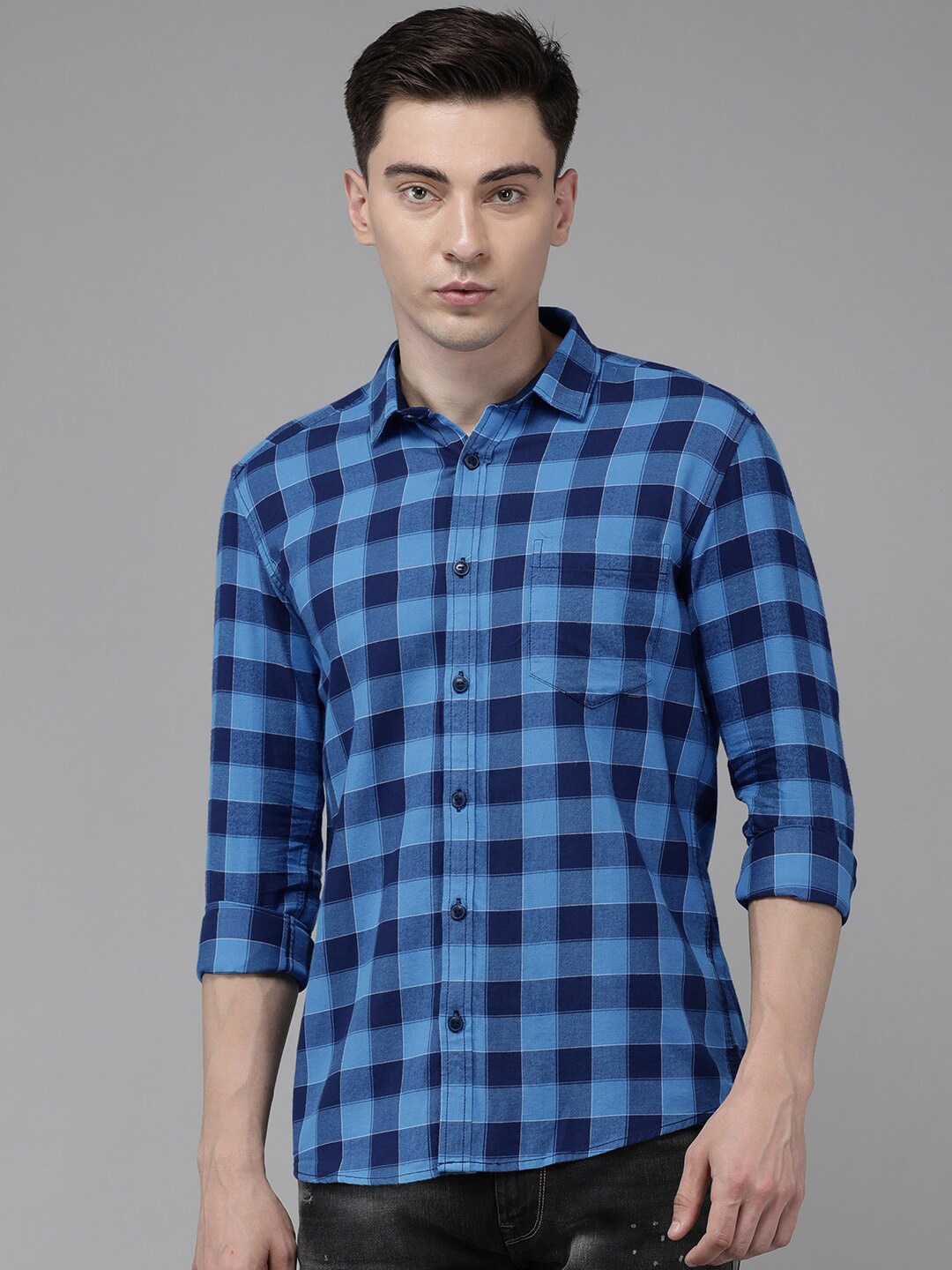 

Voi Jeans Men Buffalo Checked Slim Fit Casual Pure Cotton Shirt, Blue