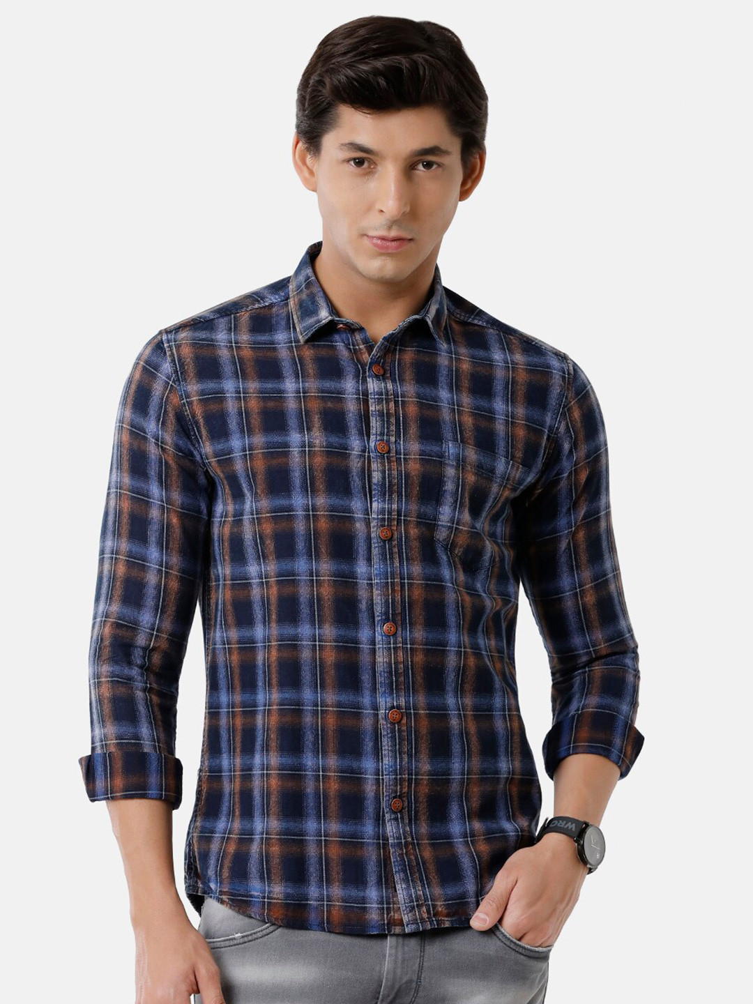 

Voi Jeans Men Slim Fit Tartan Checks Casual Pure Cotton Shirt, Blue