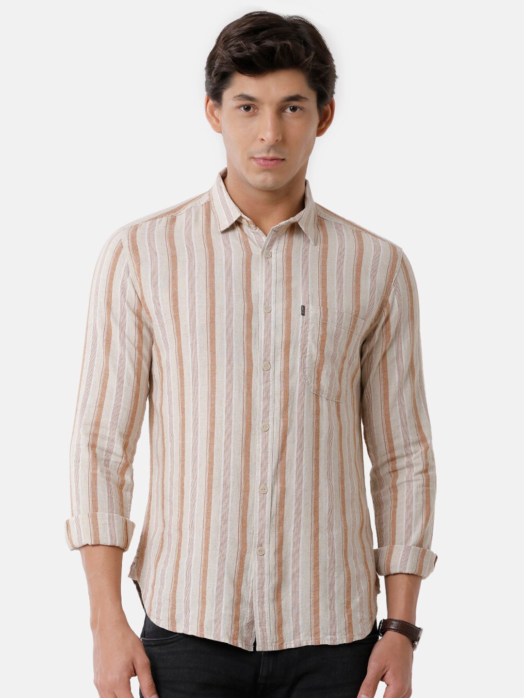 

Voi Jeans Men Slim Fit Striped Casual Cotton Shirt, Beige