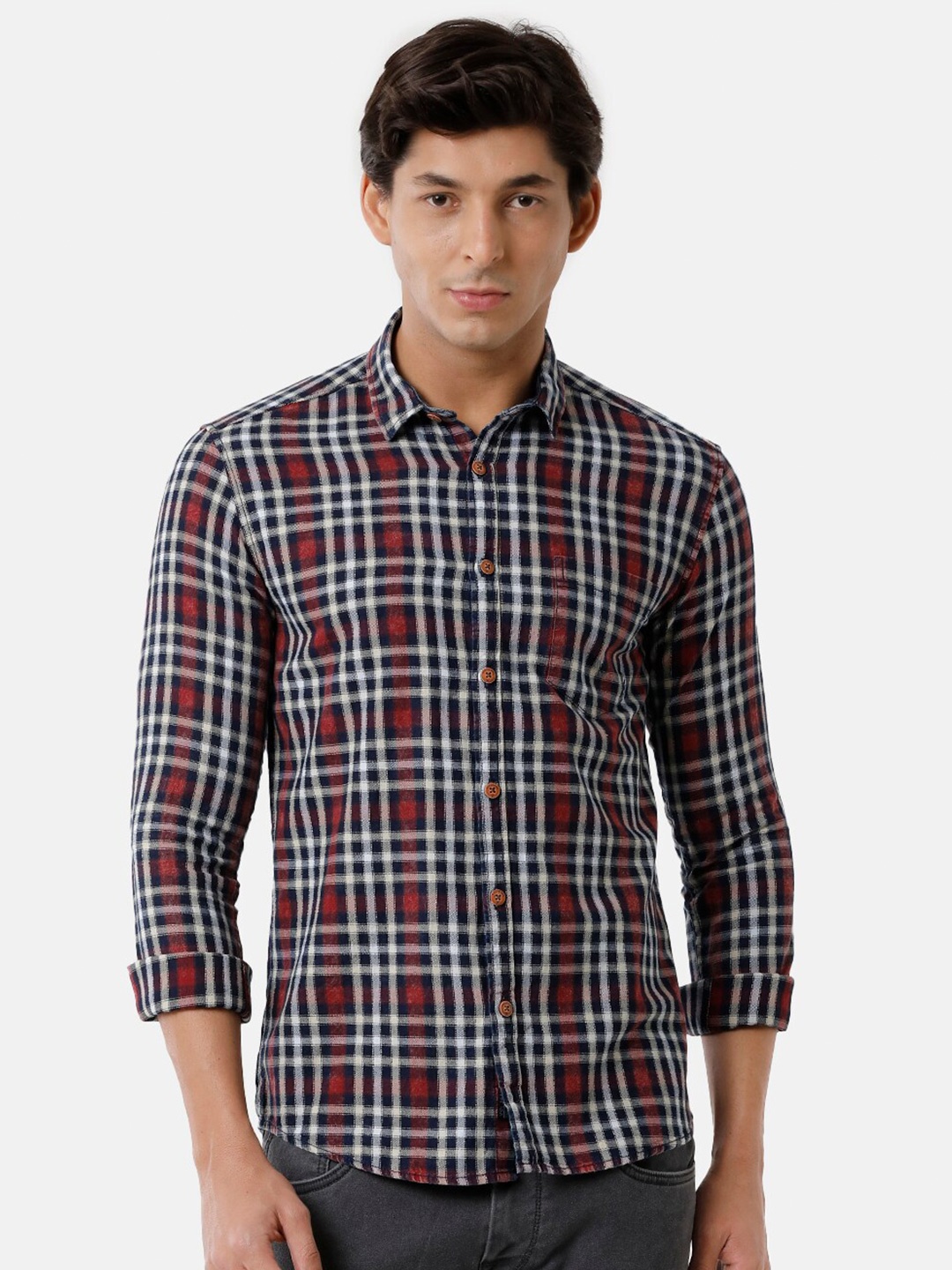 

Voi Jeans Men Tartan Checks Cotton Slim Fit Casual Shirt, Blue