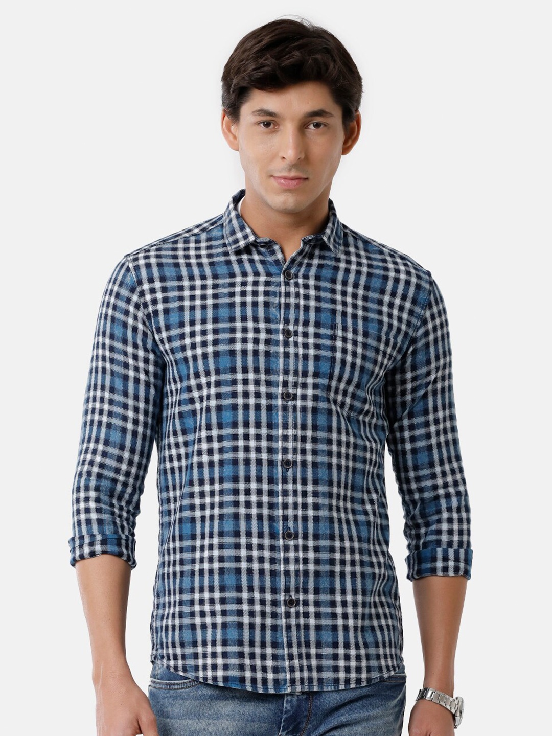 

Voi Jeans Men Slim Fit Checked Twill Weave Casual Pure Cotton Shirt, Blue
