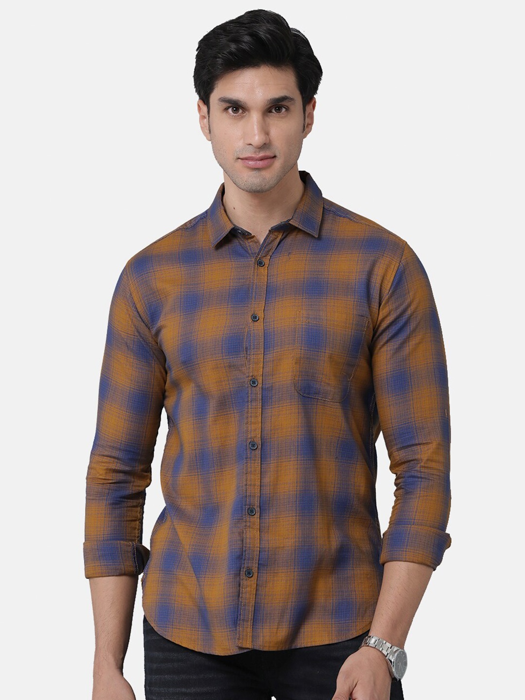 

Voi Jeans Men Slim Fit Checked Casual Cotton Shirt, Brown