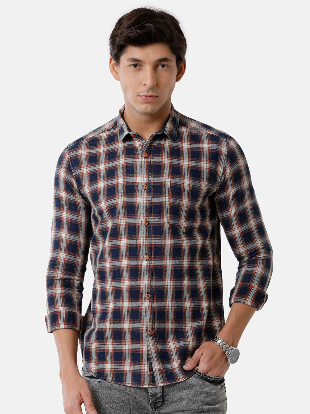 

Voi Jeans Men Slim Fit Checked Cotton Casual Shirt, Blue