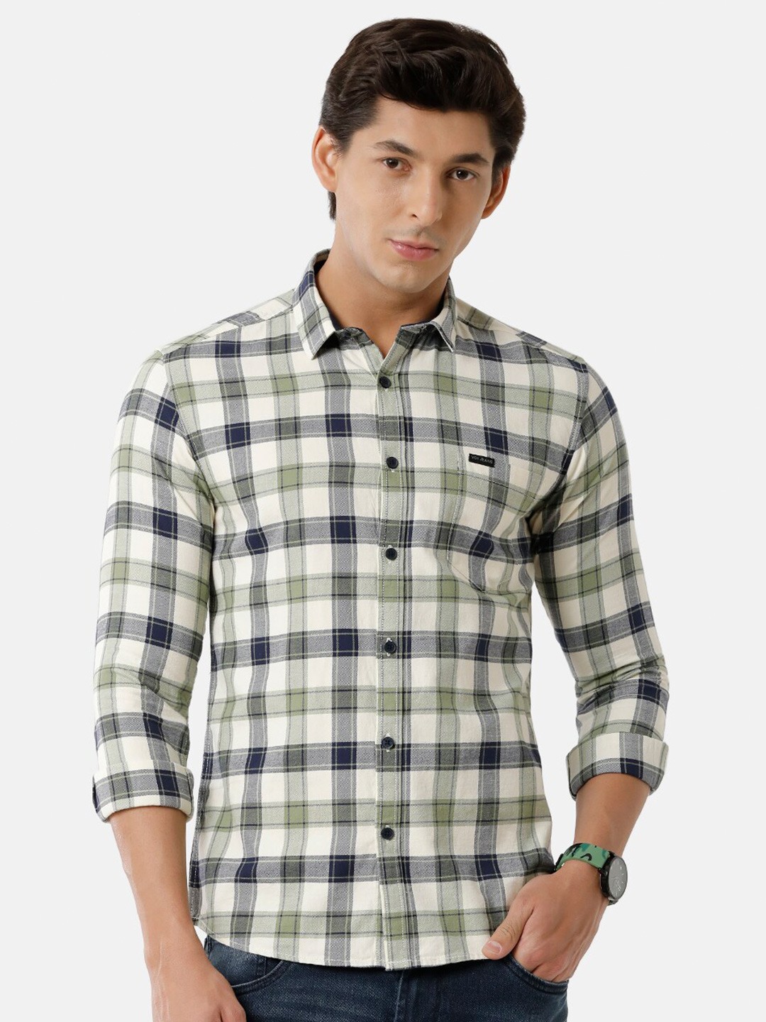 

Voi Jeans Men Slim Fit Tartan Checked Casual Pure Cotton Shirt, Olive