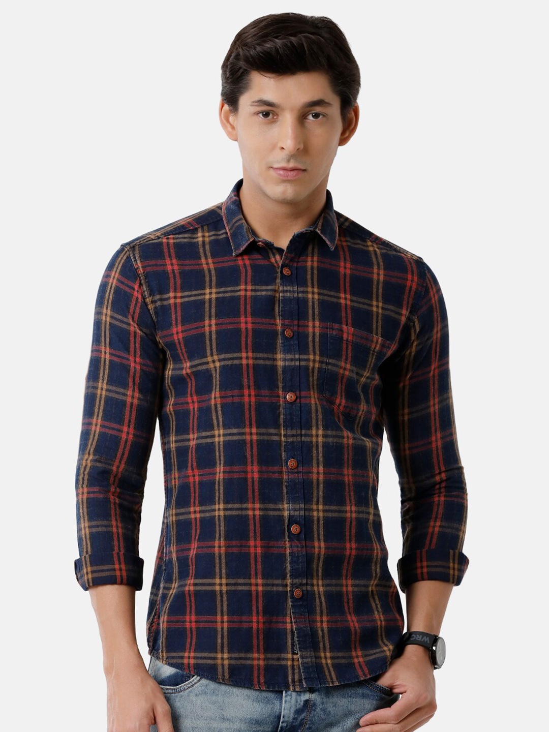 

Voi Jeans Men Slim Fit Tartan Checked Casual Cotton Shirt, Blue