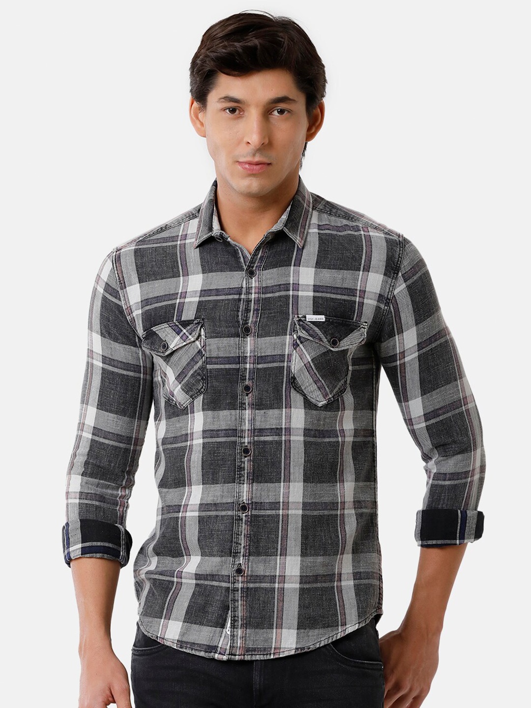 

Voi Jeans Men Slim Fit Tartan Checked Casual Cotton Shirt, Grey