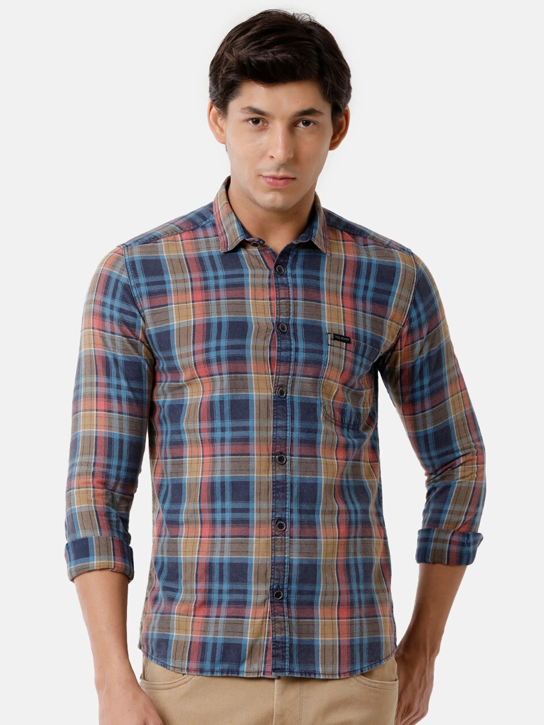 

Voi Jeans Men Tartan Checked Slim Fit Casual Pure Cotton Shirt, Blue