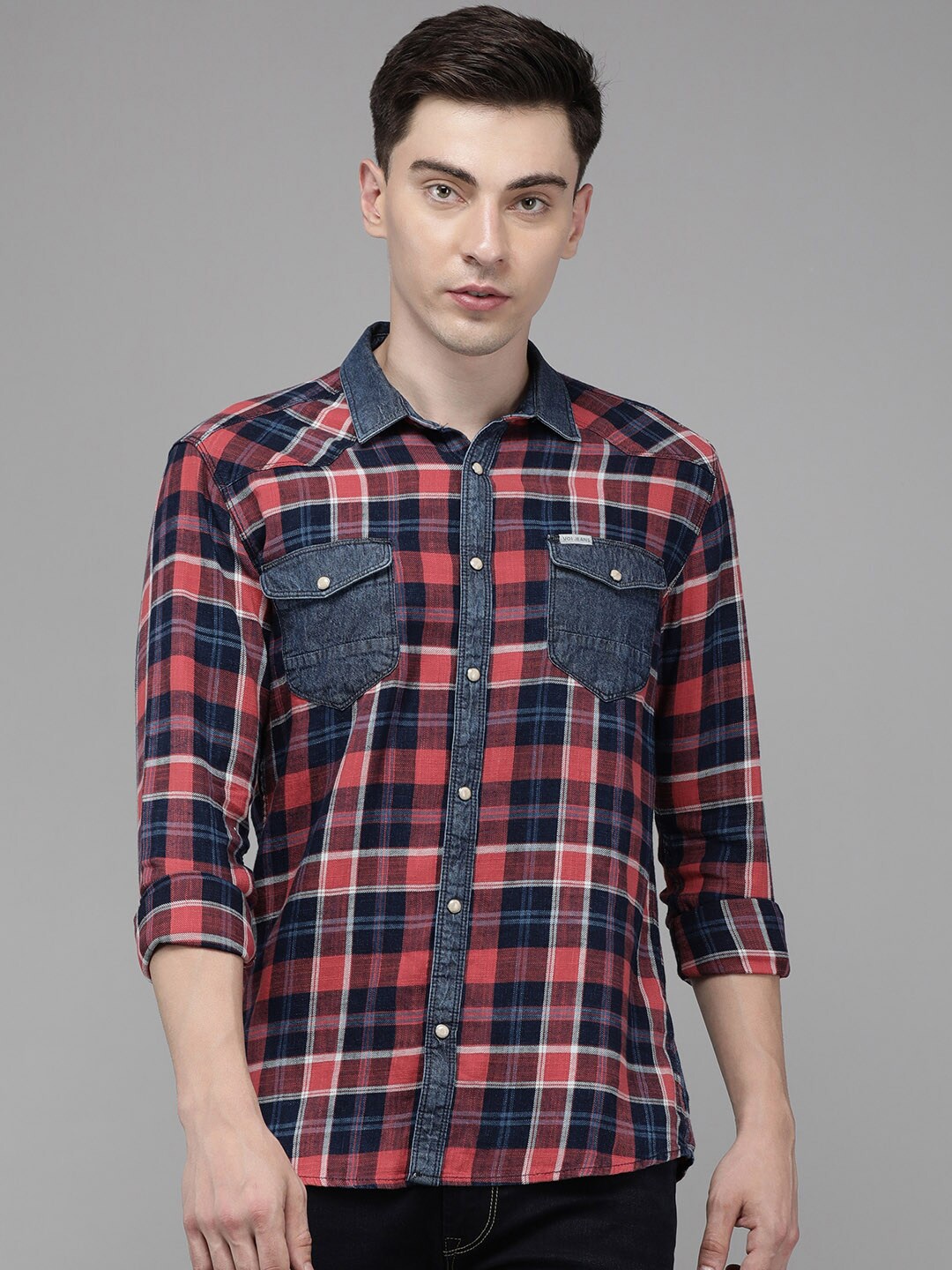 

Voi Jeans Men Slim Fit Tartan Checks Casual Pure Cotton Shirt, Red