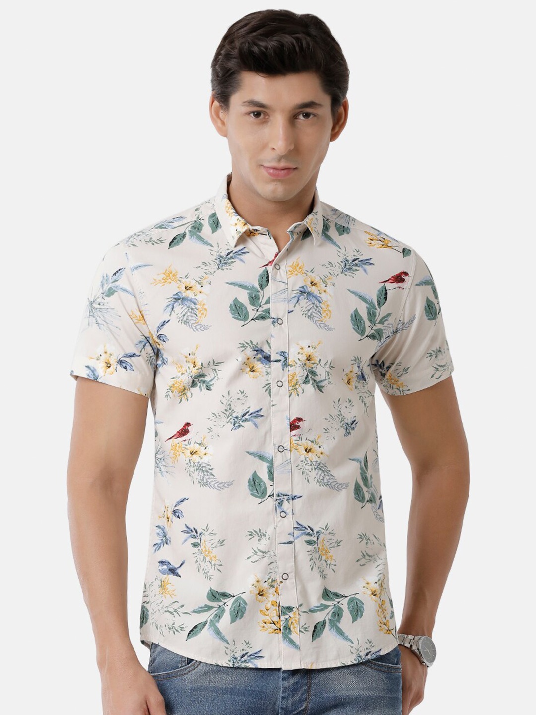 

Voi Jeans Men Slim Fit Floral Printed Casual Pure Cotton Shirt, Beige