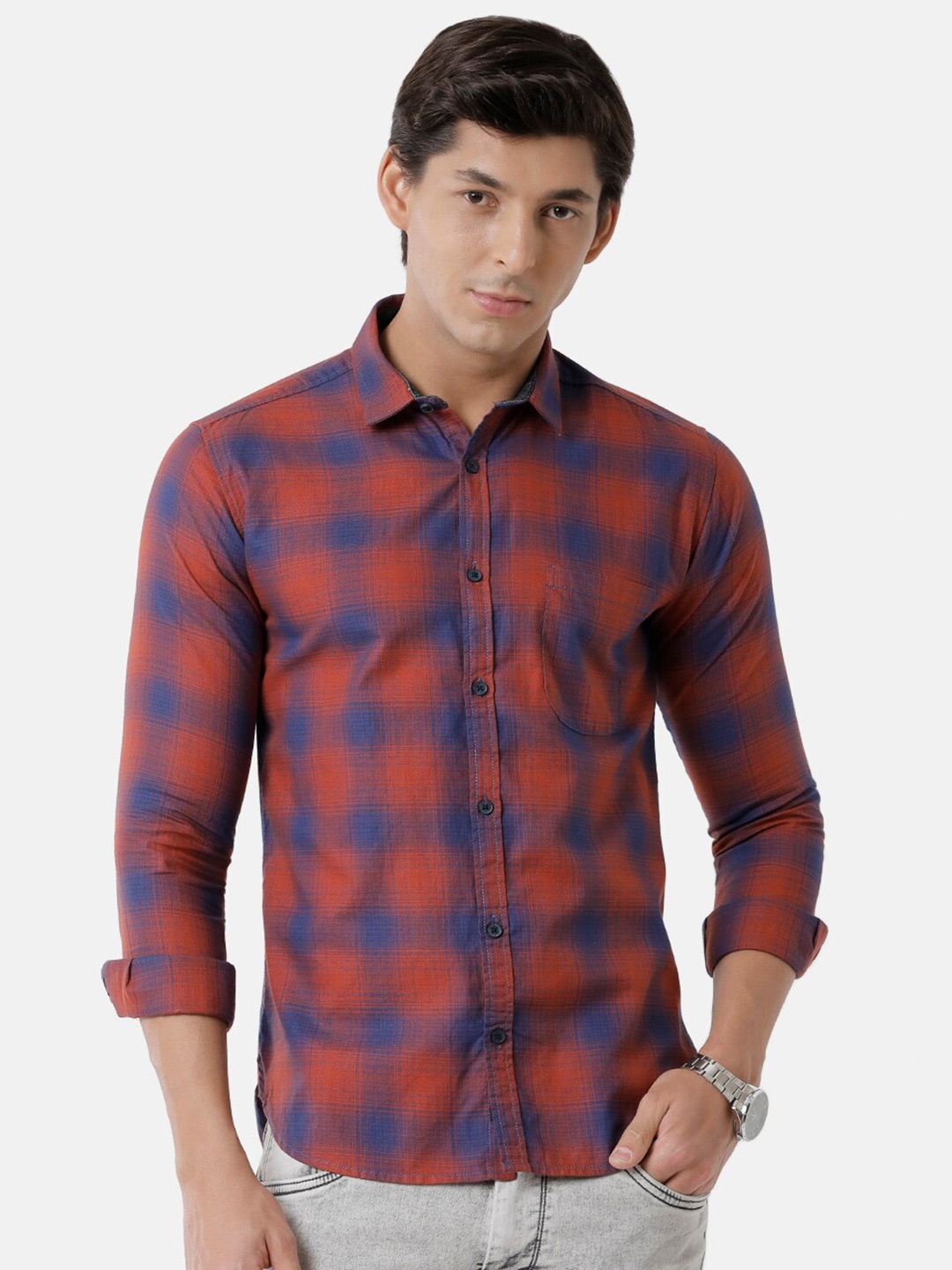 

Voi Jeans Men Slim Fit Checked Casual Cotton Shirt, Red