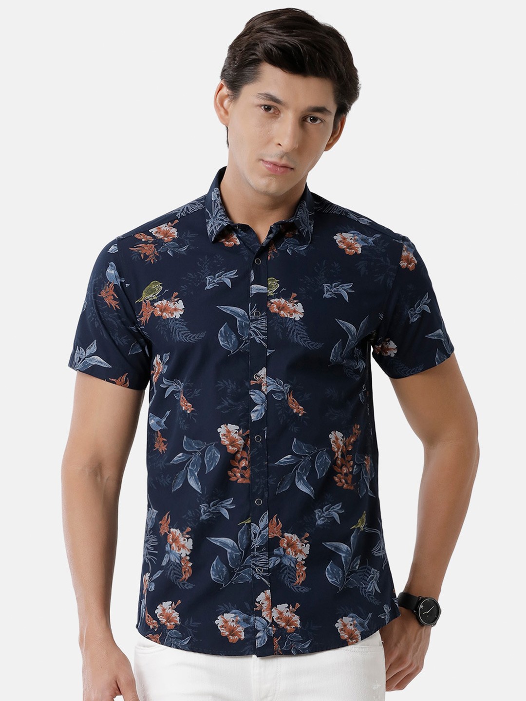 

Voi Jeans Men Slim Fit Floral Printed Cotton Casual Shirt, Navy blue