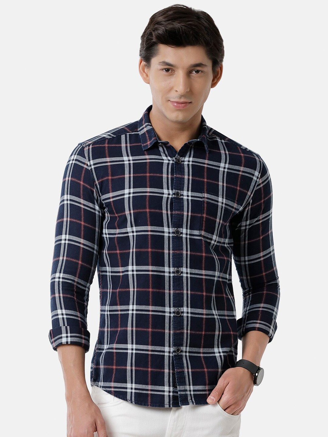 

Voi Jeans Men Slim Fit Tartan Checked Casual Twill Cotton Shirt, Navy blue