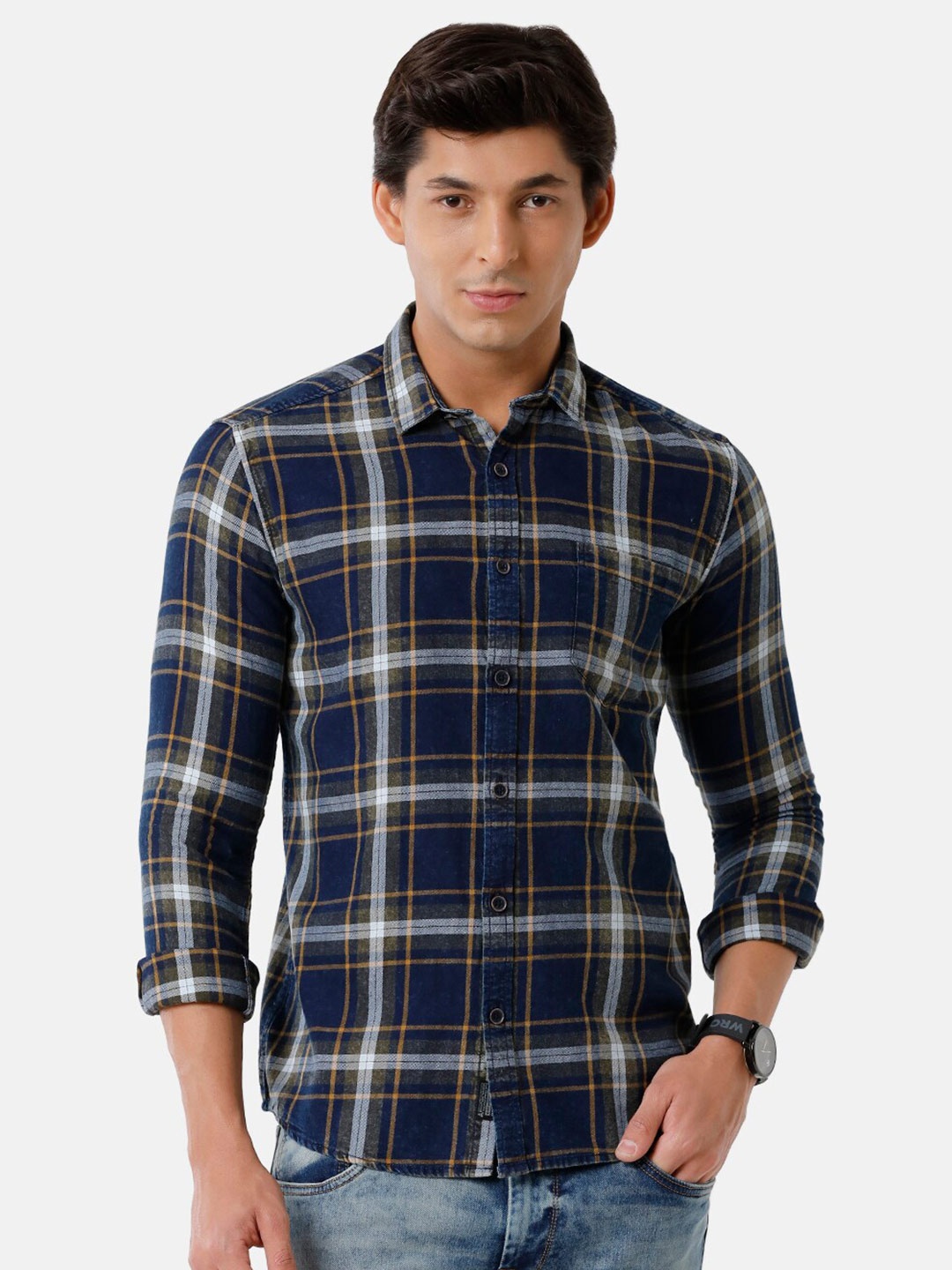 

Voi Jeans Men Slim Fit Tartan Checked Twill Weave Casual Pure Cotton Shirt, Navy blue