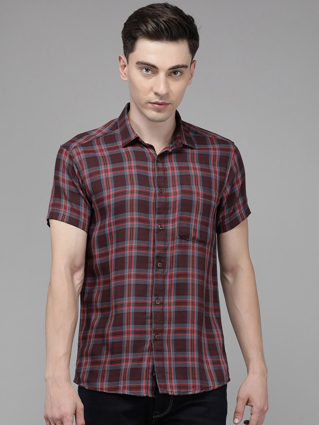 

Voi Jeans Men Tartan Checks Cotton Slim Fit Casual Shirt, Maroon