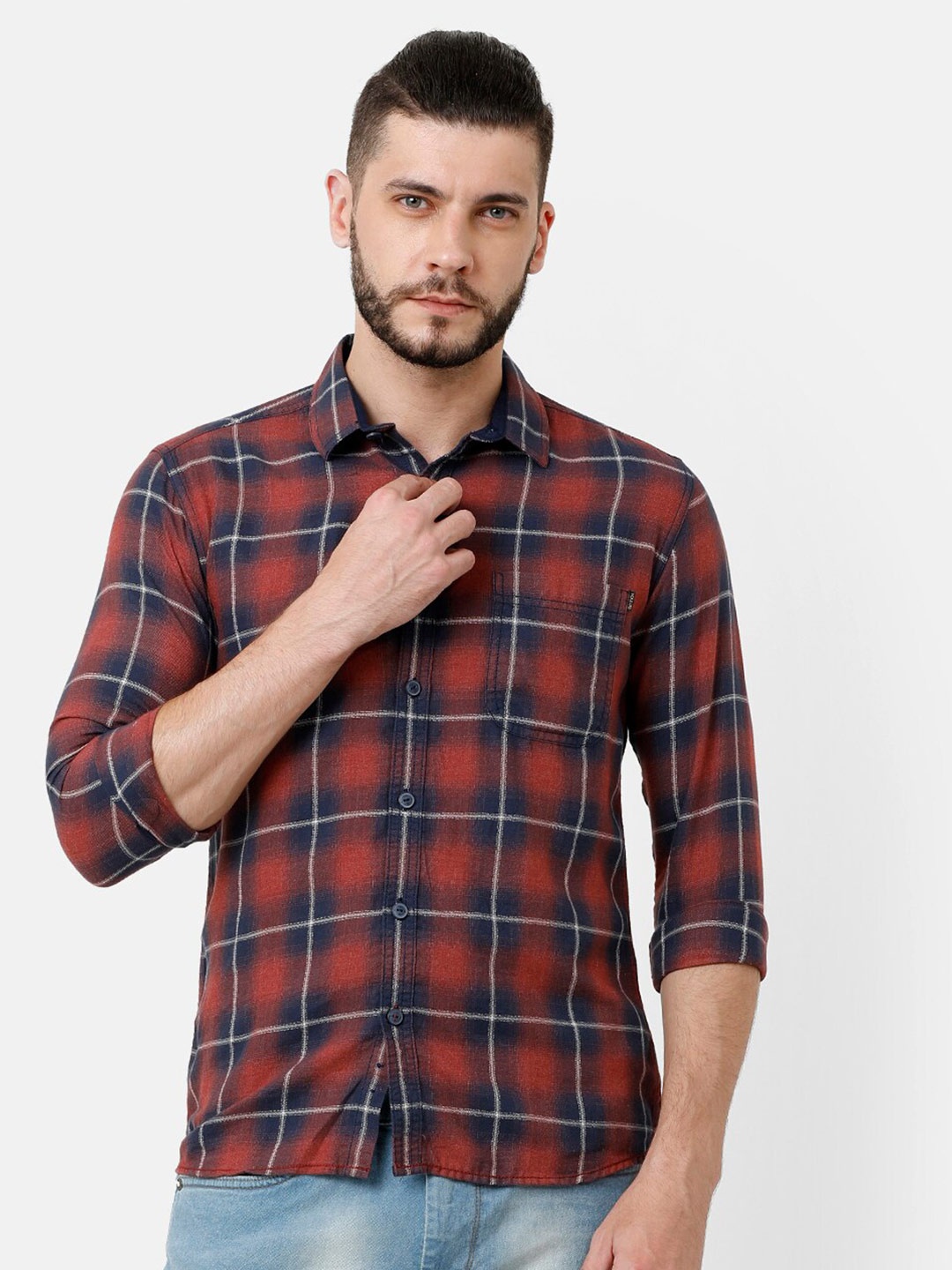 

Voi Jeans Men Tartan Checked Slim Fit Casual Cotton Shirt, Red