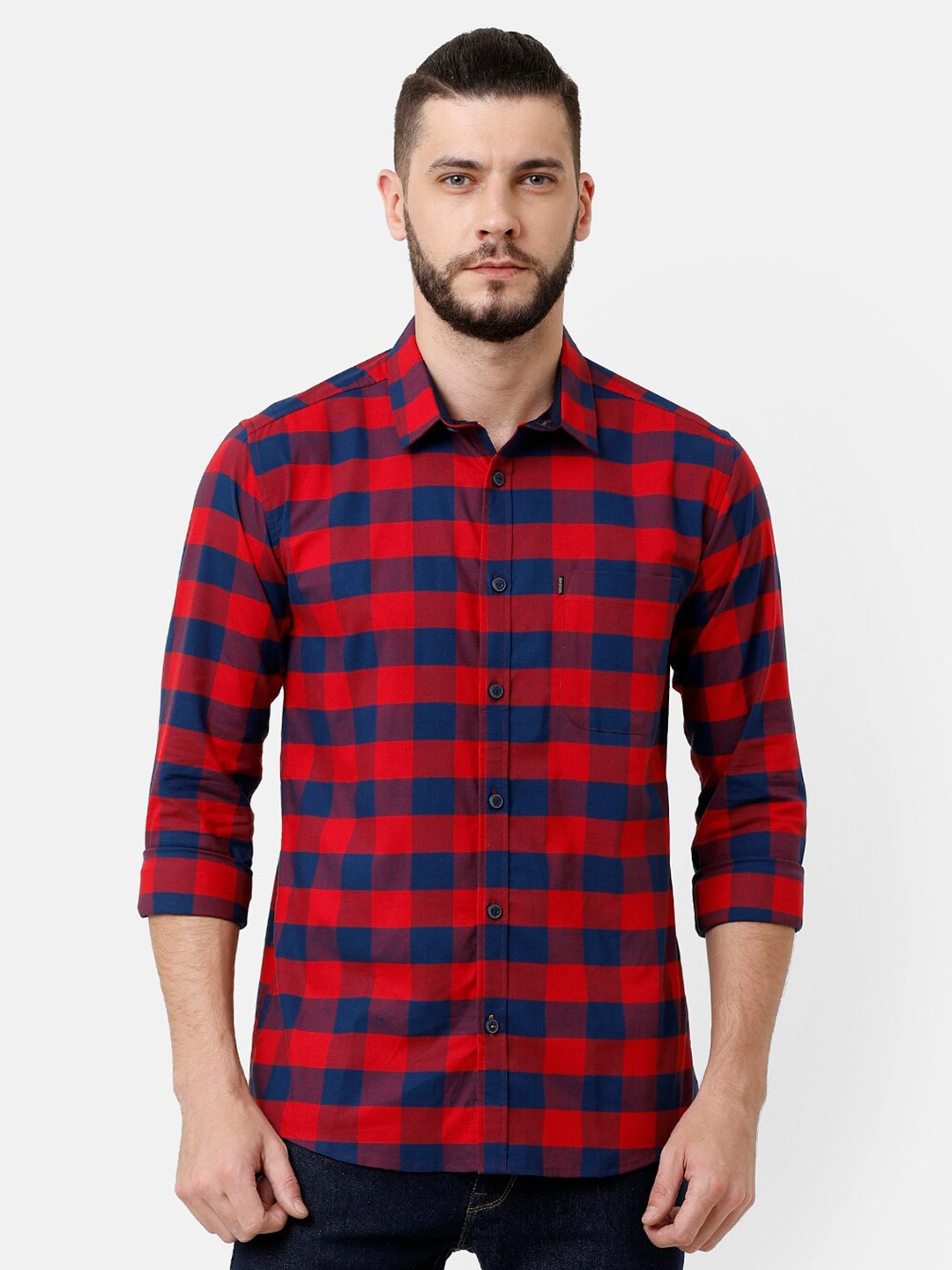 

Voi Jeans Men Buffalo Checks Cotton Slim Fit Casual Shirt, Blue