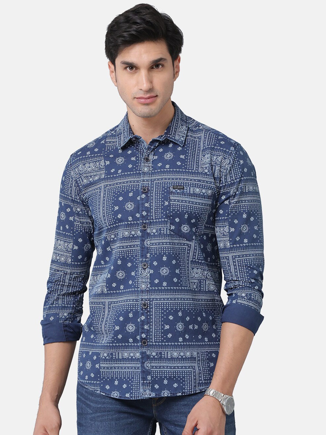 

Voi Jeans Men Slim Fit Printed Cotton Casual Shirt, Blue