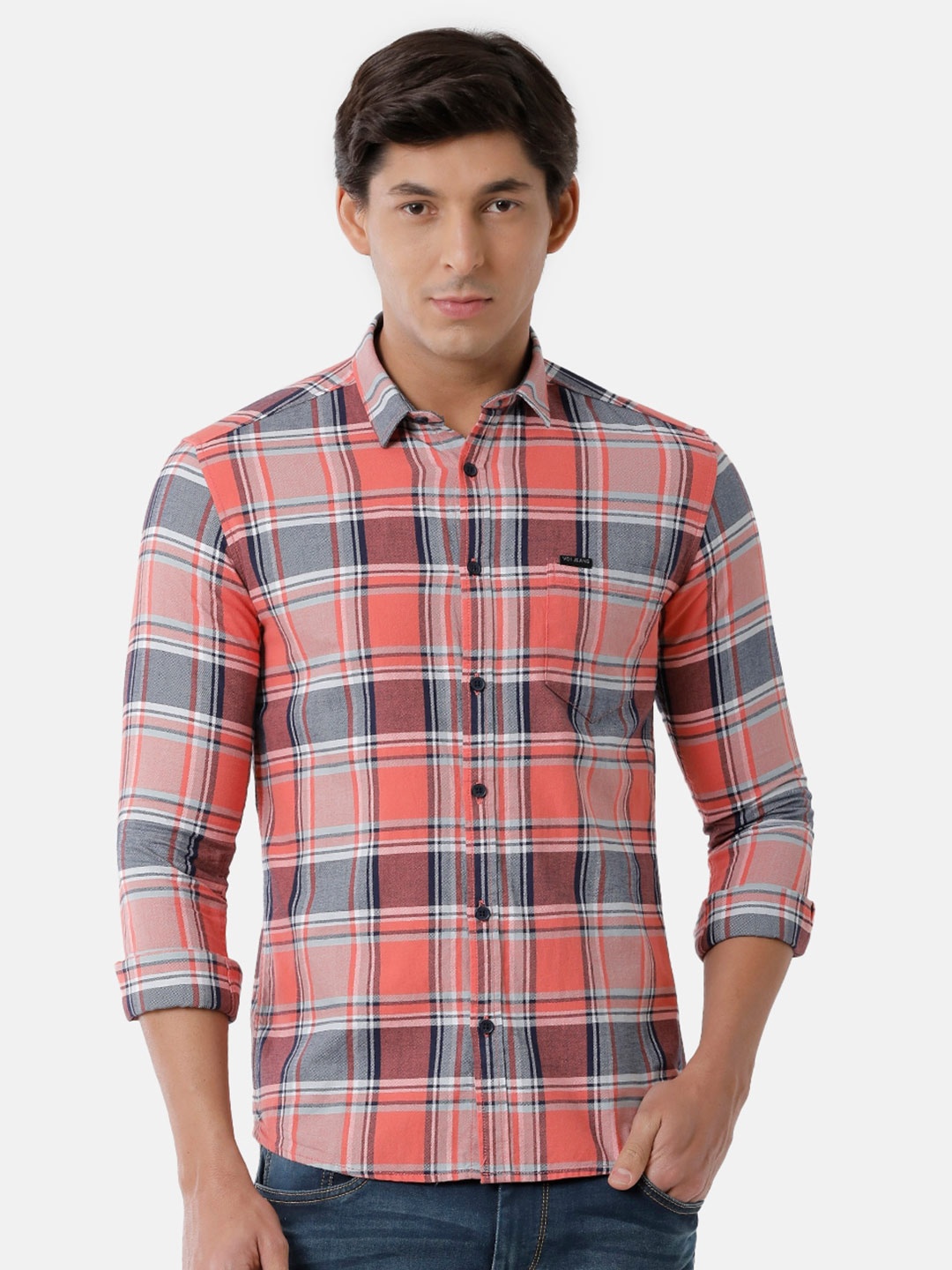 

Voi Jeans Men Tartan Checks Cotton Casual Shirt, Peach