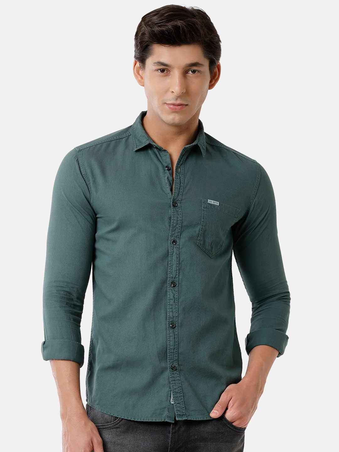 

Voi Jeans Spread Collar Slim Fit Casual Pure Cotton Shirt, Olive