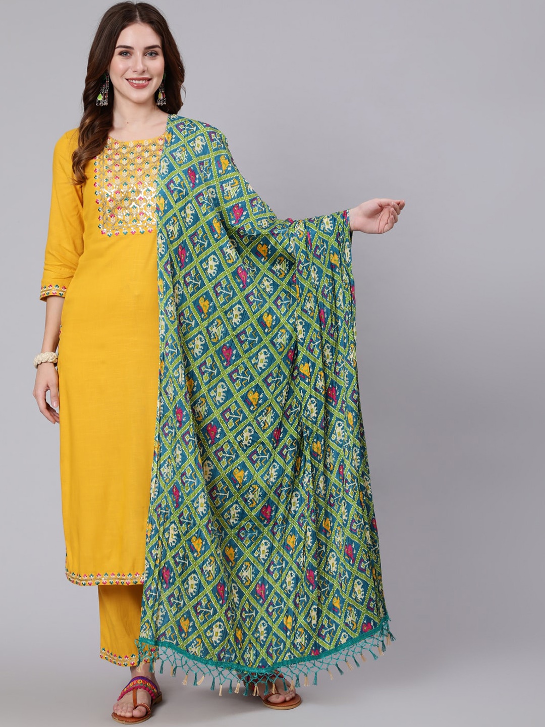 

GULMOHAR JAIPUR Embroidered Kurta With Trousers & Dupatta, Mustard