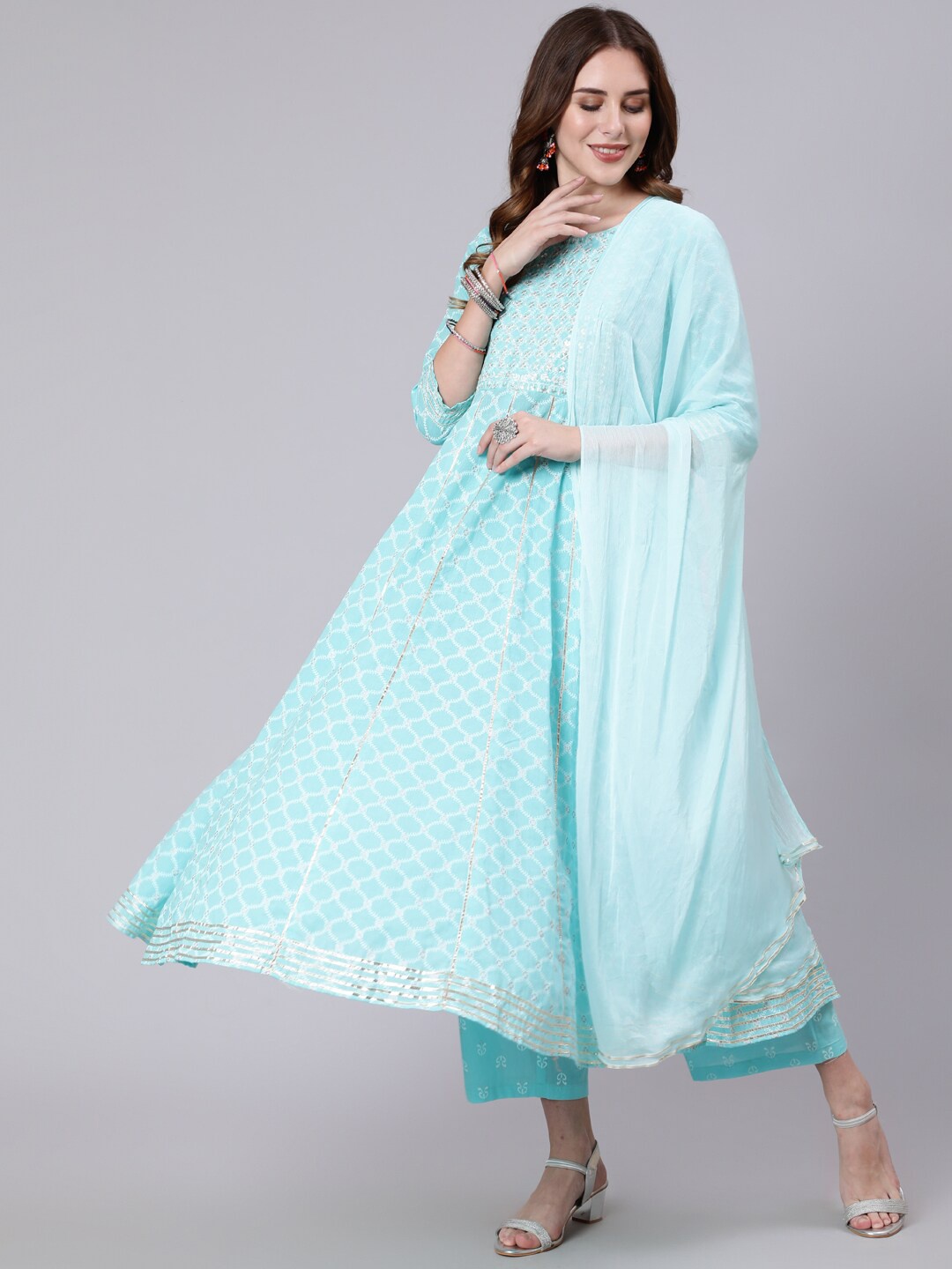 

GULMOHAR JAIPUR Women Printed Sequinned Pure Cotton Kurta with Palazzos & Dupatta, Turquoise blue