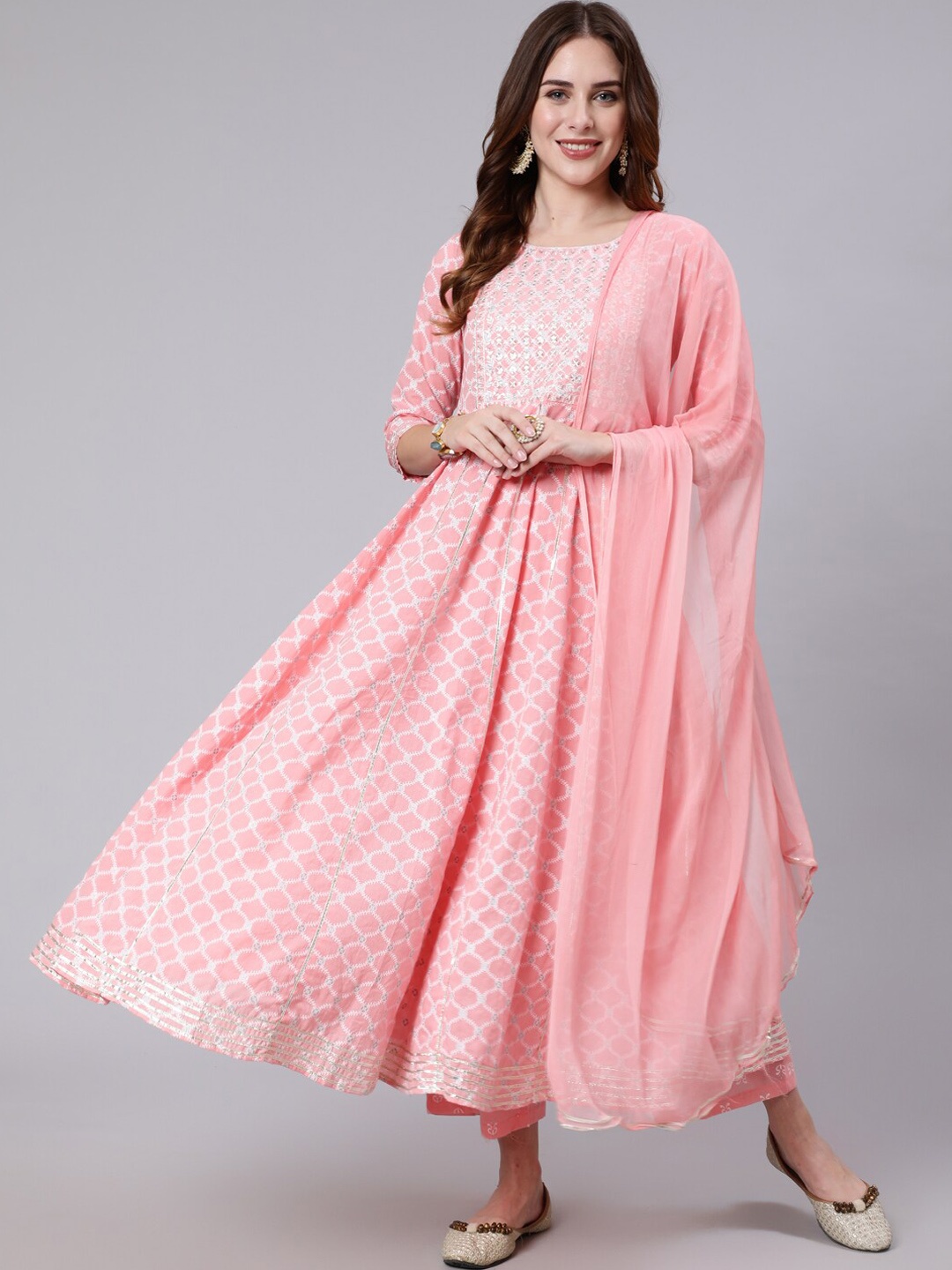 

GULMOHAR JAIPUR Women Printed Sequinned Pure Cotton Kurta with Palazzos & Dupatta, Pink